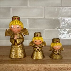 Vintage Full Set 3 Ardco Japan Gold Angel Candleholder Taper Candles Retro Deco